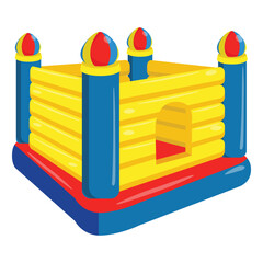 A colorful inflatable bounce house with red, yellow, and blue colors and turrets © Linocut