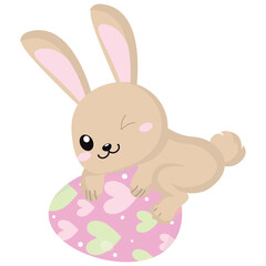 Obraz premium Cute Easter bunny winking and resting on a pink Easter egg decorated with hearts