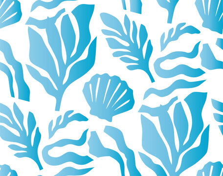 Seamless ocean pattern, blue gradient underwater flora and marine life, abstract sea botanical elements, aquatic seashell and seaweed design for summer textiles, beach decor