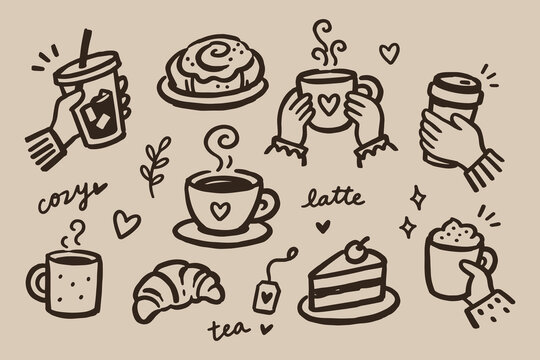 Cozy Coffee and Tea Elements Set Brown Doodle Sketch Vector
