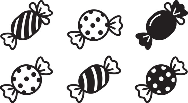 Sweet candy icon set black silhouette vector illustration wrapped candies with stripes and polka dots pattern collection isolated on white