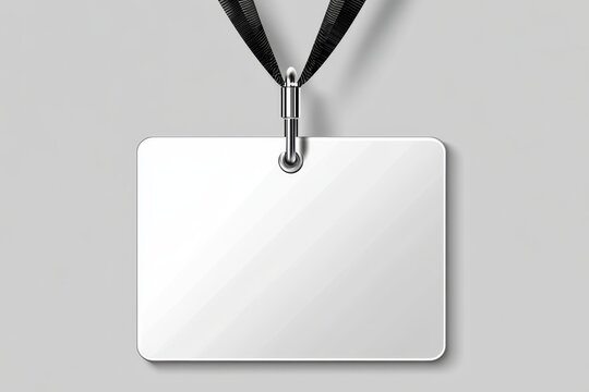 Blank white identification badge with a black lanyard and silver clip, isolated on a neutral background.