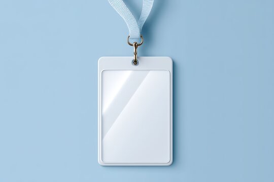 Blank white identification badge with a light blue lanyard hanging against a solid pastel blue background.