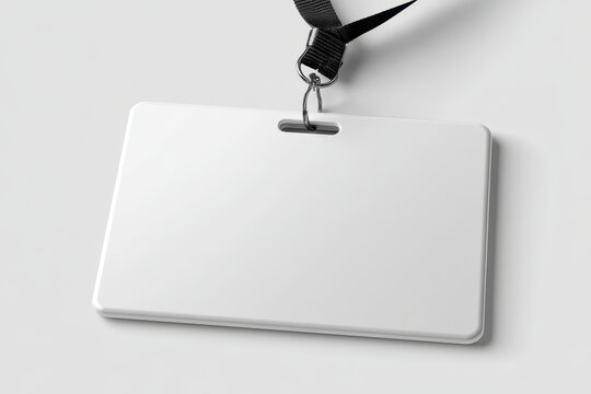 A blank white identification badge with a black lanyard hanging against a clean white background.