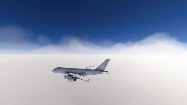 Airplane flying above the clouds, with a bright sun in the blue sky.