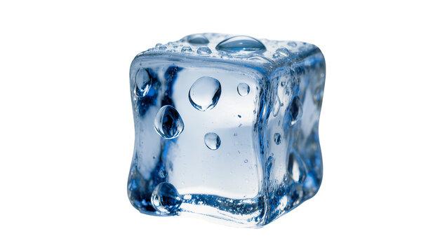 Melting ice cube with water droplets and air bubbles, isolated on transparent background