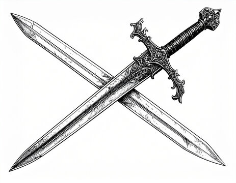 Two crossed swords ornate medieval weapon black and white illustration