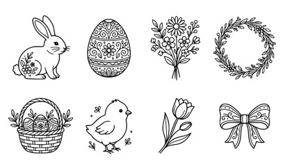 Fototapeta premium Easter outline vector collection with bunny eggs flowers wreath and spring holiday decorative icons