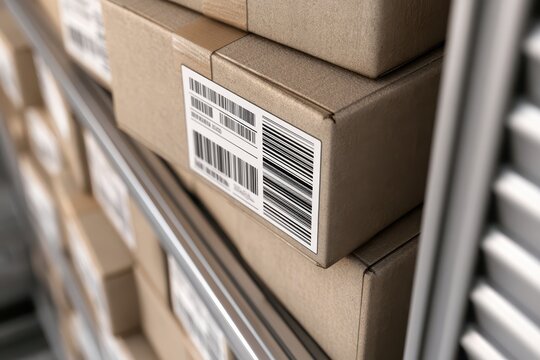 Stacked cardboard shipping boxes with barcodes on shelves in a warehouse, ready for distribution.