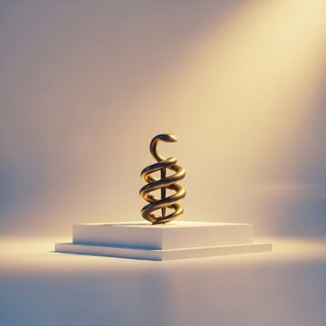 Golden rod of asclepius sculpture on display stand under dramatic lighting