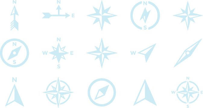 Minimalist navigation compass icons, a set of 15 light blue vector symbols for travel and direction, modern cartography elements for digital maps and location services isolated on White