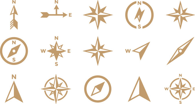 Directional compass rose vector icon set, navigation symbols, orientation arrows, and cardinal point indicators, ideal for mapping and travel guides isolated on White Background