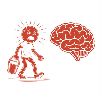 Cartoon person with bucket looking at brain in red
