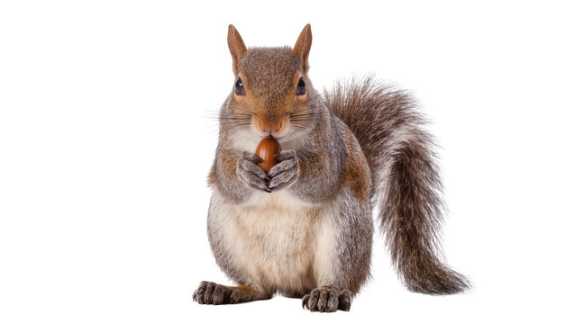 Eastern gray squirrel holding an acorn, isolated on transparent background