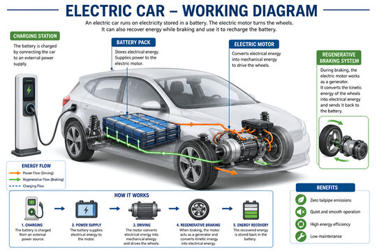 3D Electric Car Working Diagram with Battery and Regenerative Braking System