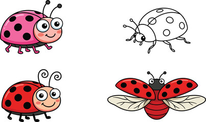 Naklejka premium Funny Ladybug Cartoon Character Set Vector Illustration Featuring Cute Red Beetle Insects for Kids Education Nature and Nursery Design Projects