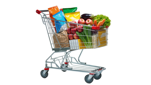 Full grocery shopping cart with produce and packaged goods, isolated on transparent background
