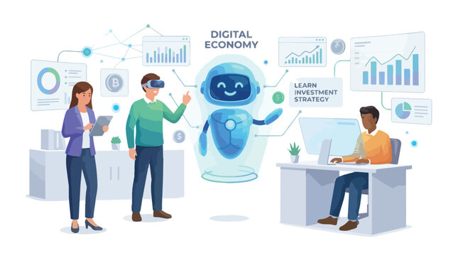 People and robot interacting with digital economy data.