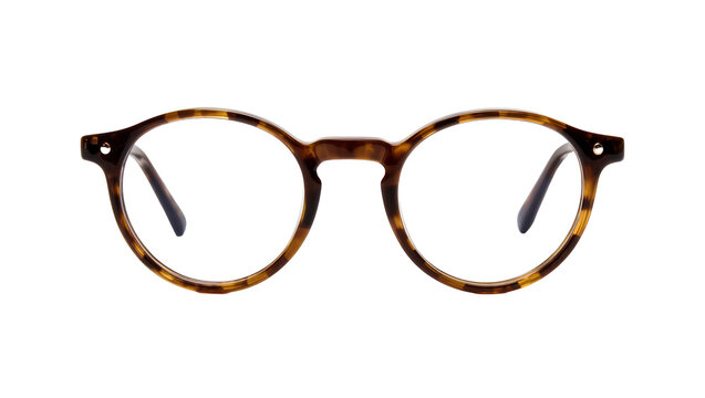 Tortoiseshell round eyeglasses with clear lenses, isolated on transparent background