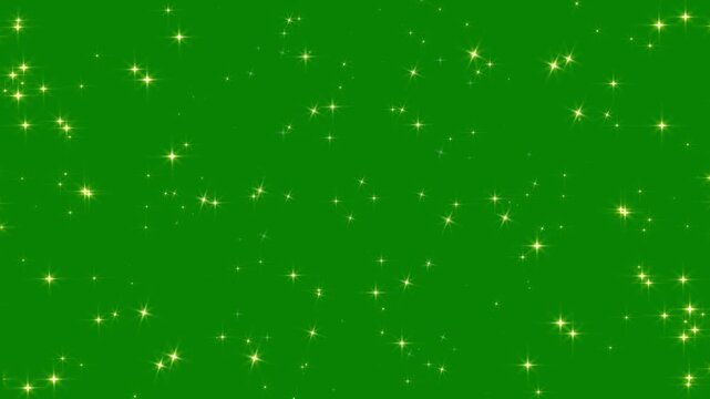 Magical gold star burst animation with sparkling particle explosion on green screen background for chroma key compositing, fantasy fairy dust effects and festive video transitions.