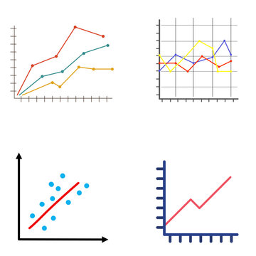 Comprehensive data visualization vector pack containing scatter plots, multi-line trend graphs, and data point grids. 