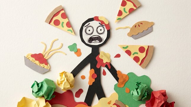 A panicked black stick figure is bombarded by paper cutout foods like pizza and pasta amid messy spills. It conveys stress, sensory overload, binge eating, or dietary guilt.