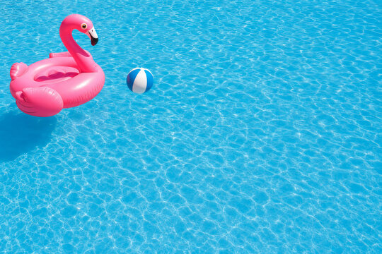 Pink flamingo float and beach ball in blue swimming pool