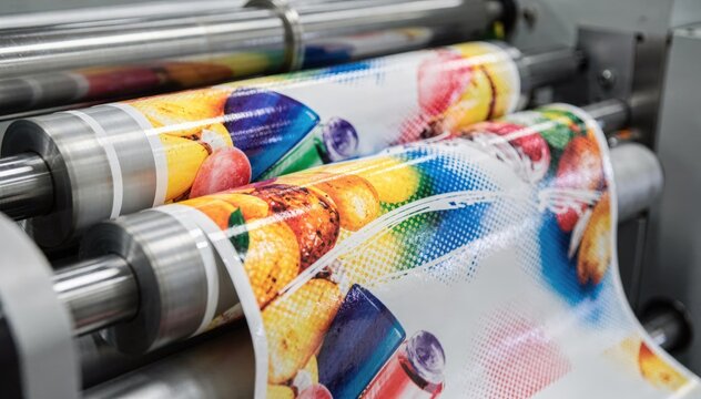 Closeup view of gravure printing technology transferring detailed fullcolor images onto flexible packaging foil at high speed emphasizing smooth continuous patterns.