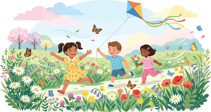 Happy diverse children running in blooming spring flower meadow flying a colorful kite on sunny day vector illustration