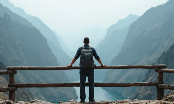 Traveler canyon vista man with backpack standing at wooden railing looking over misty mountain valley with deep blue river