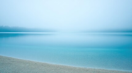 Obraz premium Misty Turquoise Quiet Inland Lake Shallow Shore, Secluded Fresh Niche Widescreen Landscape