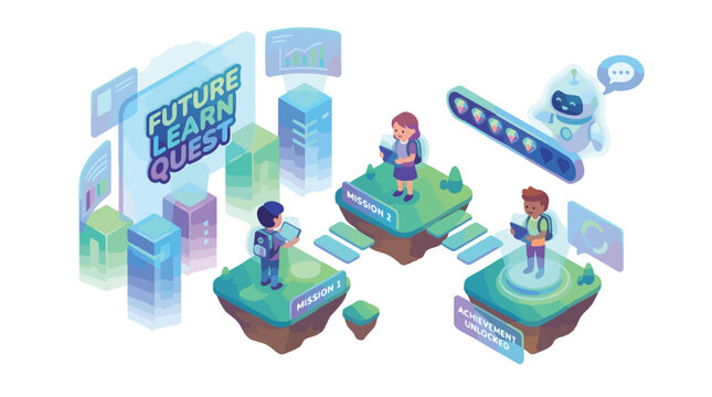 Isometric illustration of students learning in a futuristic virtual environment.