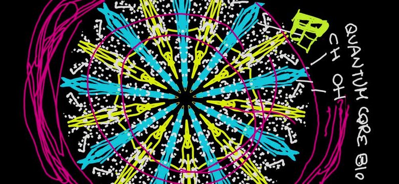 ​Hand-drawn quantum core with neon HUD, zoom out rotation and intentional energy glitch pulse