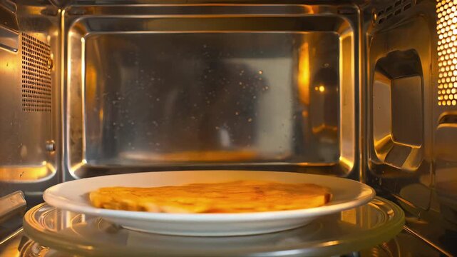 Interior view from inside microwave oven as plate with heated meal rotates during cooking cycle, showing modern kitchen appliance, food preparation process and household convenience technology.