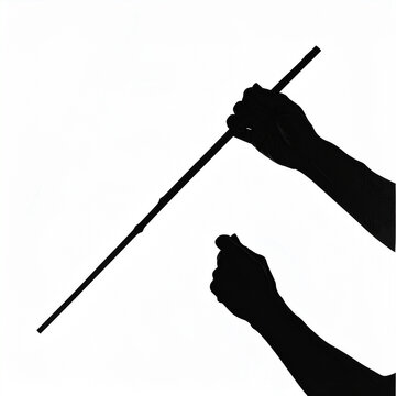Silhouette of hands holding a thin pointer stick.