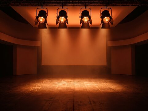 Empty stage with four warm orange spotlights illuminating the wooden floor and back wall, creating a dramatic atmosphere.