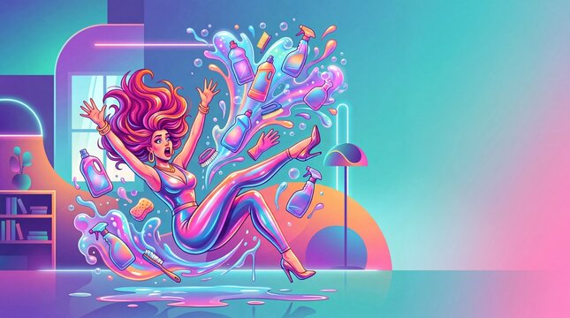 Colorful surreal illustration of a person slipping backward surrounded by vibrant liquid splashes in a modern interior, symbolizing motion, creativity, and dynamic energy.