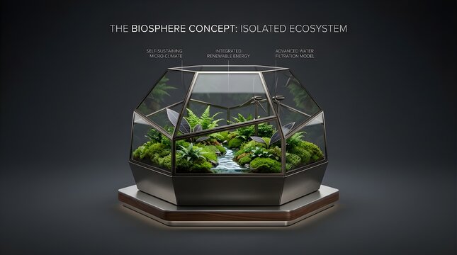 Geometric Glass Terrarium Biosphere Concept with Isolated Ecosystem, Self Sustaining Micro Climate, Integrated Renewable Energy, and Advanced Water Filtration Model on Dark Background