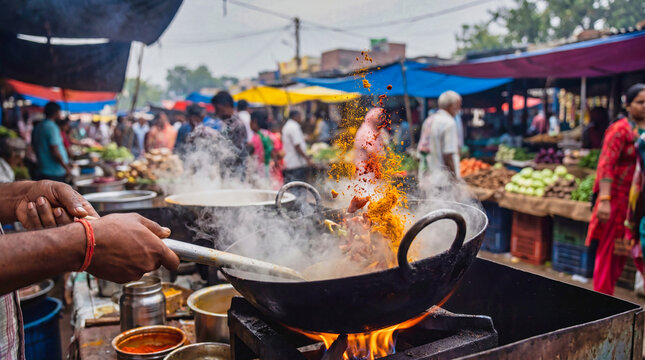 Dramatic Explosion - Indian street food vendor cooks with his hands in a wok.
