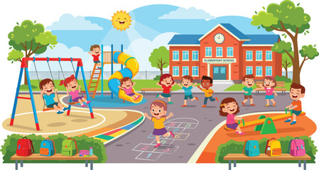 Happy cartoon elementary school children playing together in playground yard during recess break flat vector illustration © MdAlom