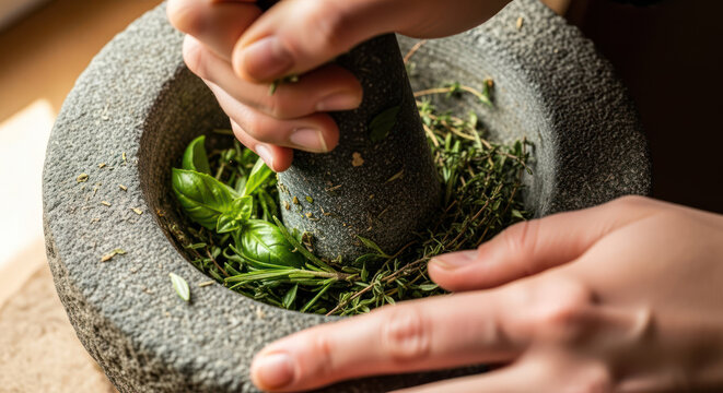 Herbs Being Ground by Hands with a Stone Mortar and Pestle for Cooking