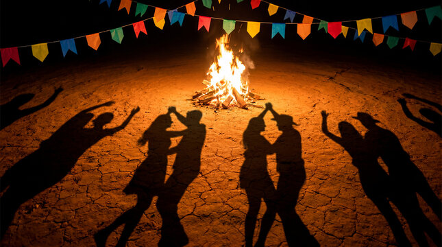 Shadows of couples dancing around bonfires with festive flags during the Brazilian Festa Junina.