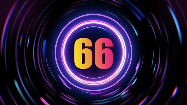 Neon number sixty six animation with gradient colors and futuristic tunnel effect in a dark background