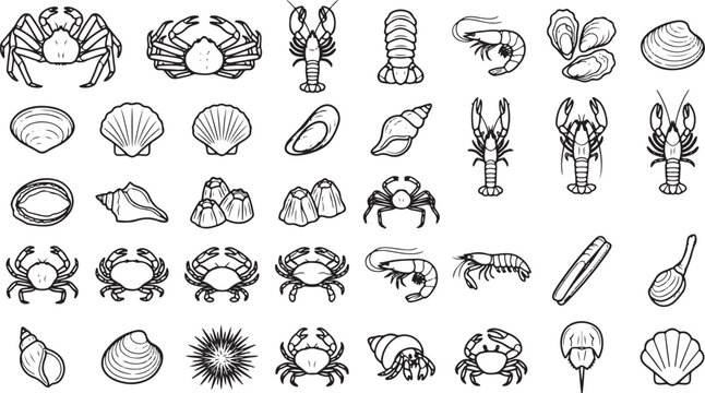 Line drawing set of seafood and crustaceans