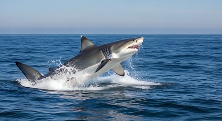 Fototapeta premium Great white shark breaches ocean surface displaying powerful aquatic behavior