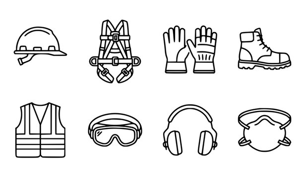 Minimal construction safety outline icon set with protective gear and workplace hazard protection symbols