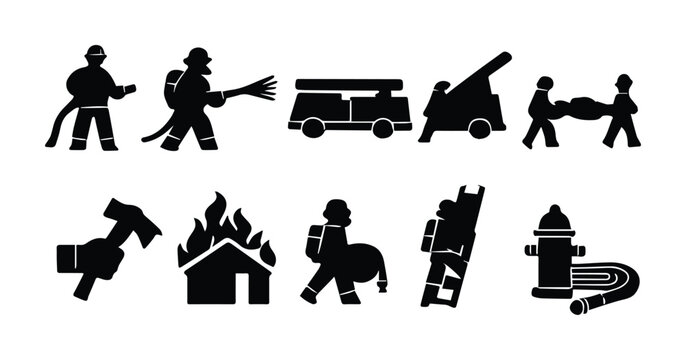 Firefighter silhouette icons set, emergency rescue service symbols, black fire department vector illustrations for safety signage and infographics
