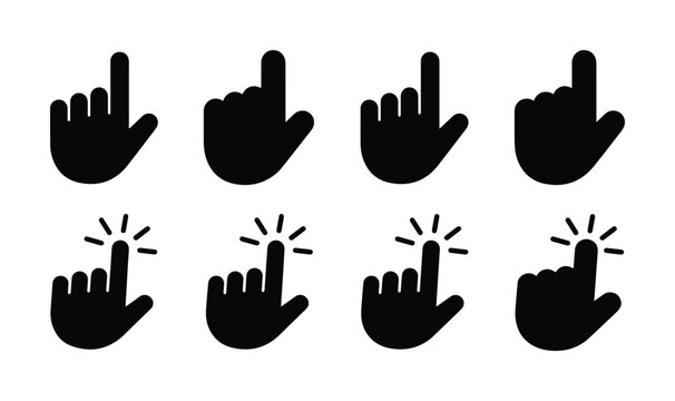 Minimalist hand cursor icon set, black silhouette pointing finger symbols, 8 vector clicker elements for web interface and app navigation