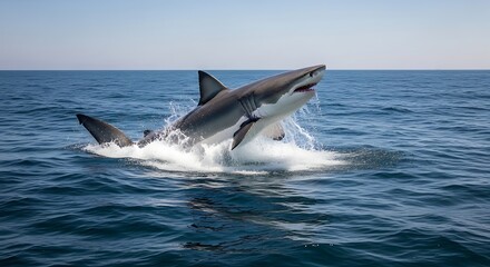 Fototapeta premium Great white shark breaching ocean surface with powerful motion under blue sky