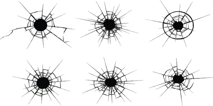 Set of six broken glass bullet hole cracks and shattering patterns isolated on black